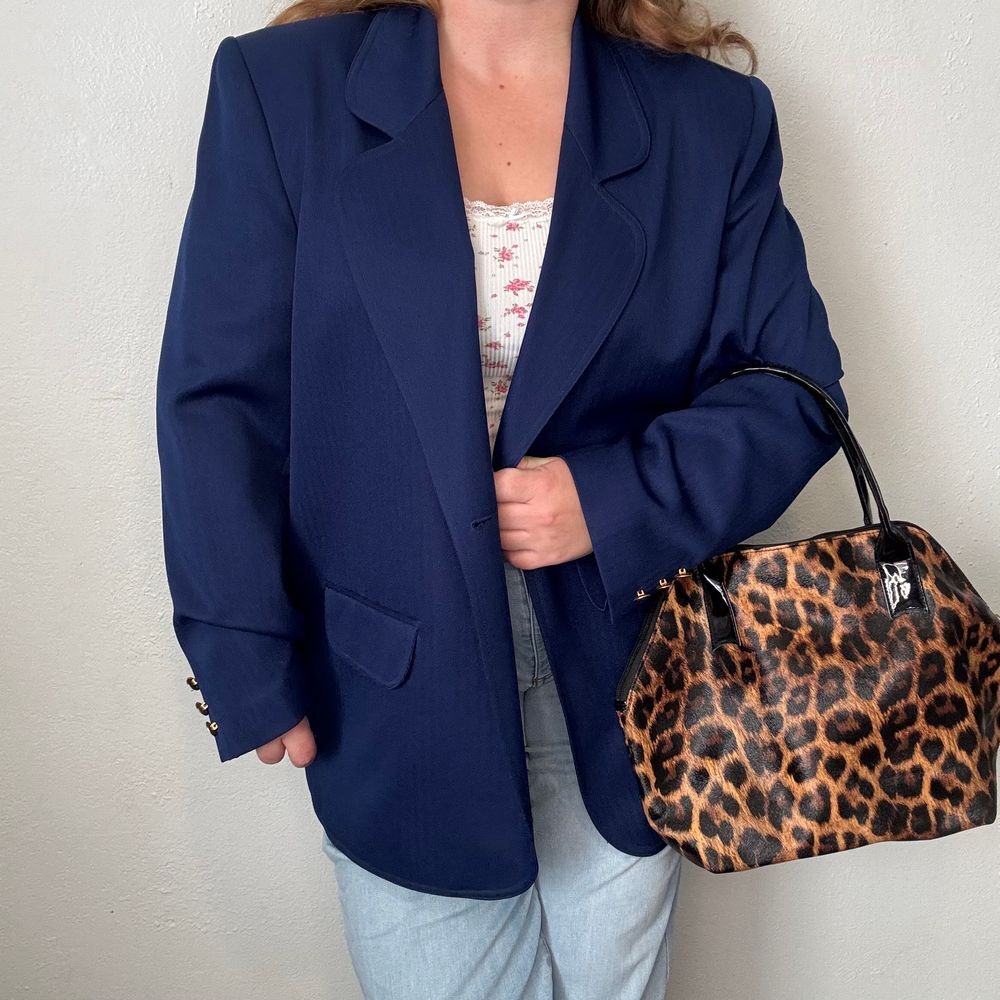 Vintage DaRue California Navy Blue Women's Blazer Sz 18 80s Gold Accent Work Pro